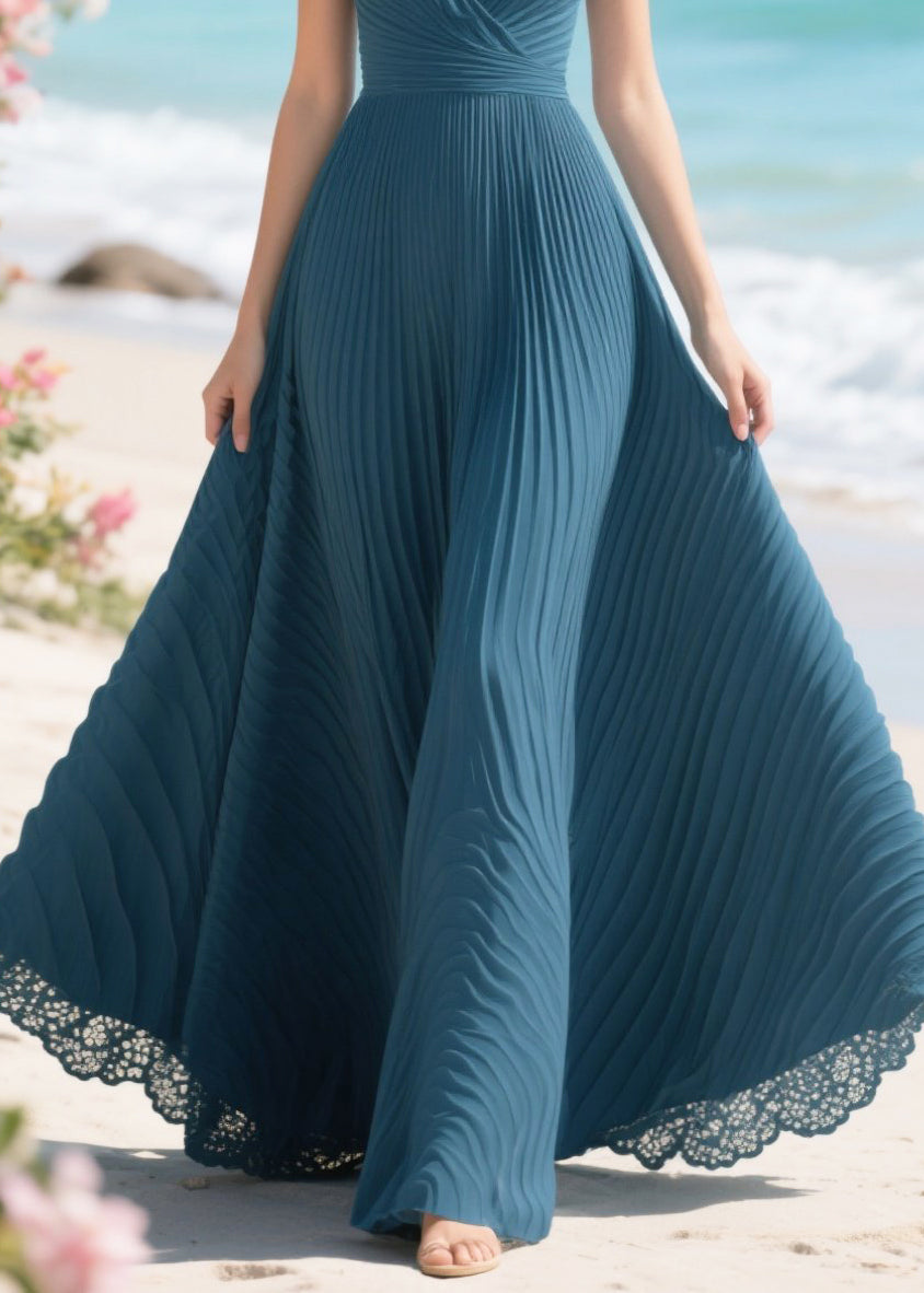 French Navy Exra Large Hem Wrinkled Chiffon Party Dresses Summer