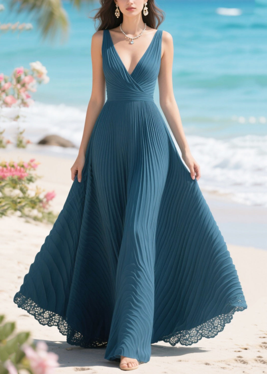 French Navy Exra Large Hem Wrinkled Chiffon Party Dresses Summer