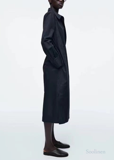 French Navy Oversized Double Breast Cotton Shirt Dresses Fall