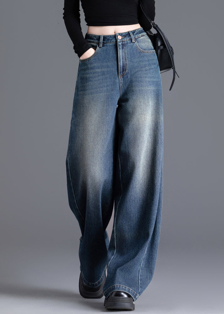 French Navy Oversized Wrinkled Denim Wide Leg Skirt Spring