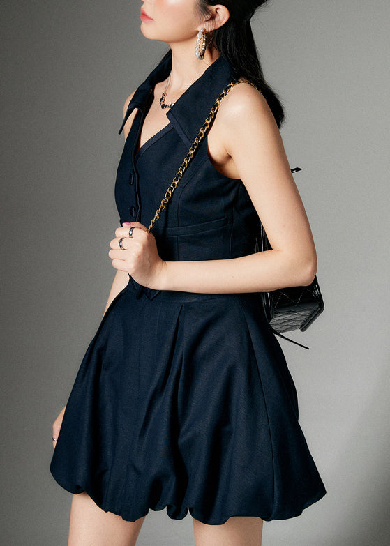French Navy Peter Pan Collar Button Tops And Skirts Linen Two Pieces Set Sleeveless