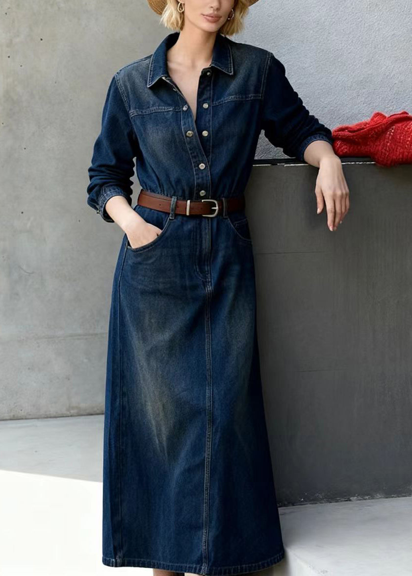 French Navy Peter Pan Collar Tie Waist Denim Long Dress Spring