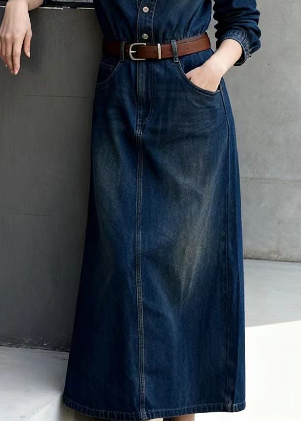 French Navy Peter Pan Collar Tie Waist Denim Long Dress Spring