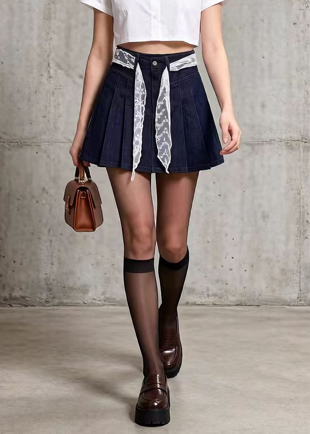 French Navy Pleated Denim Short Skirt Summer - Omychic