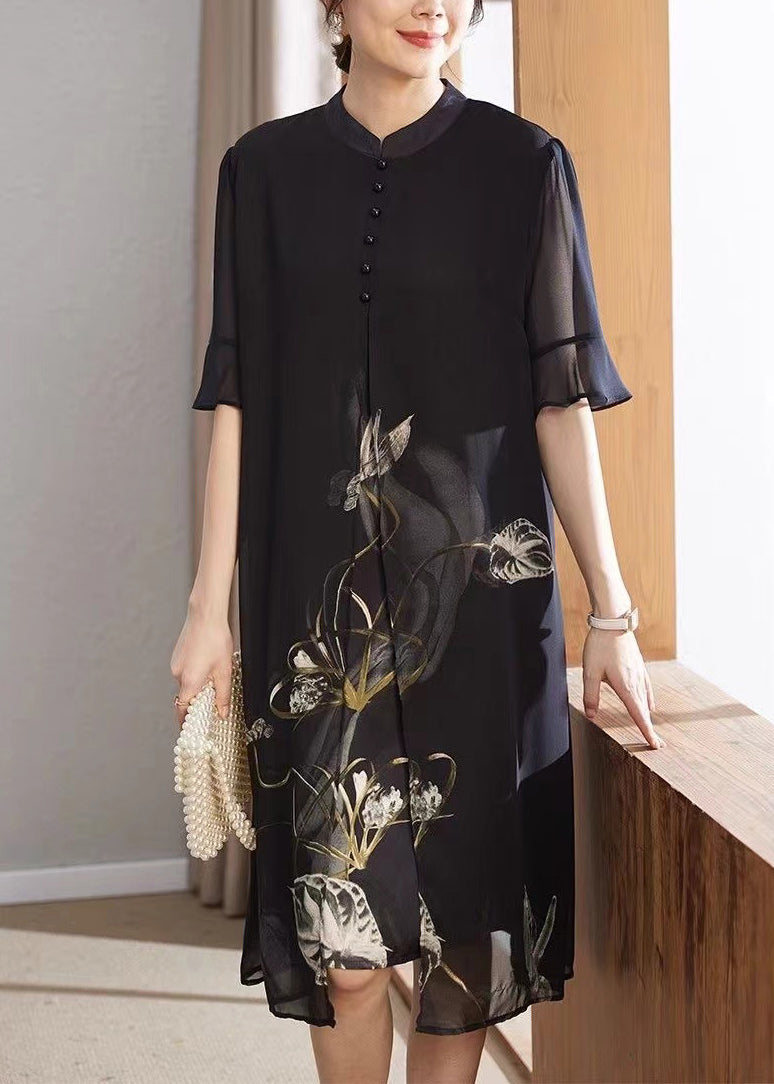 French Navy Print False Chiffon Two Pieces Dress Half Sleeve