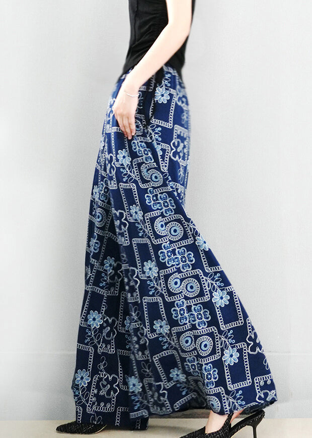 French Navy Print Pockets Oversized Cotton Wide Leg Pants Summer