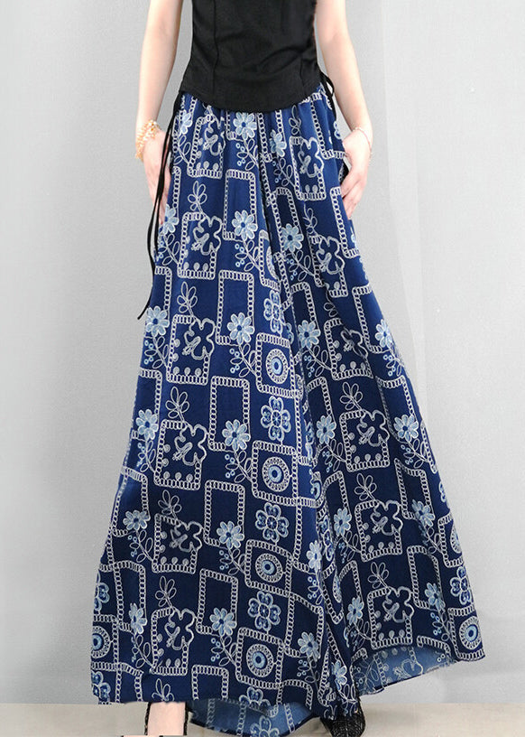 French Navy Print Pockets Oversized Cotton Wide Leg Pants Summer