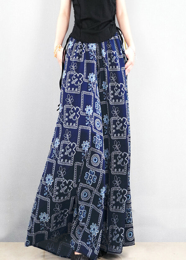 French Navy Print Pockets Oversized Cotton Wide Leg Pants Summer