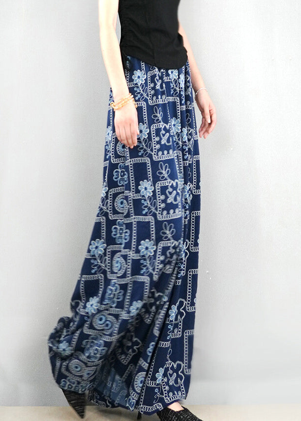 French Navy Print Pockets Oversized Cotton Wide Leg Pants Summer