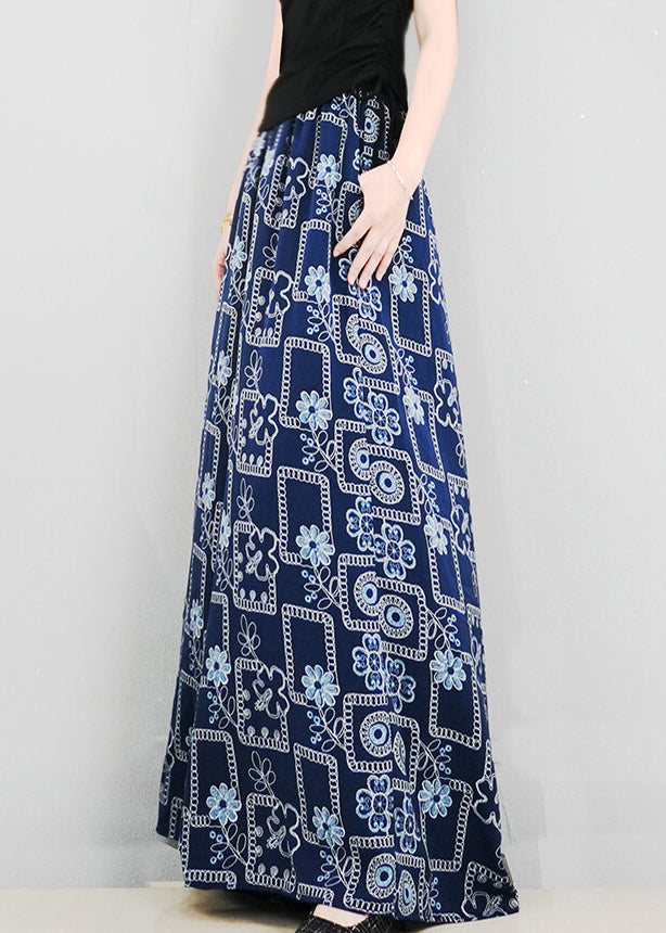 French Navy Print Pockets Oversized Cotton Wide Leg Pants Summer