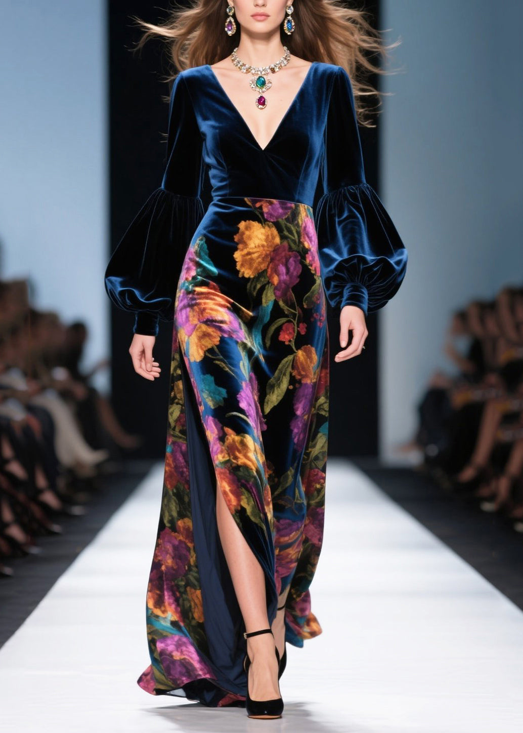 French Navy Print Side Open Silk Velvet Long Dress Spring