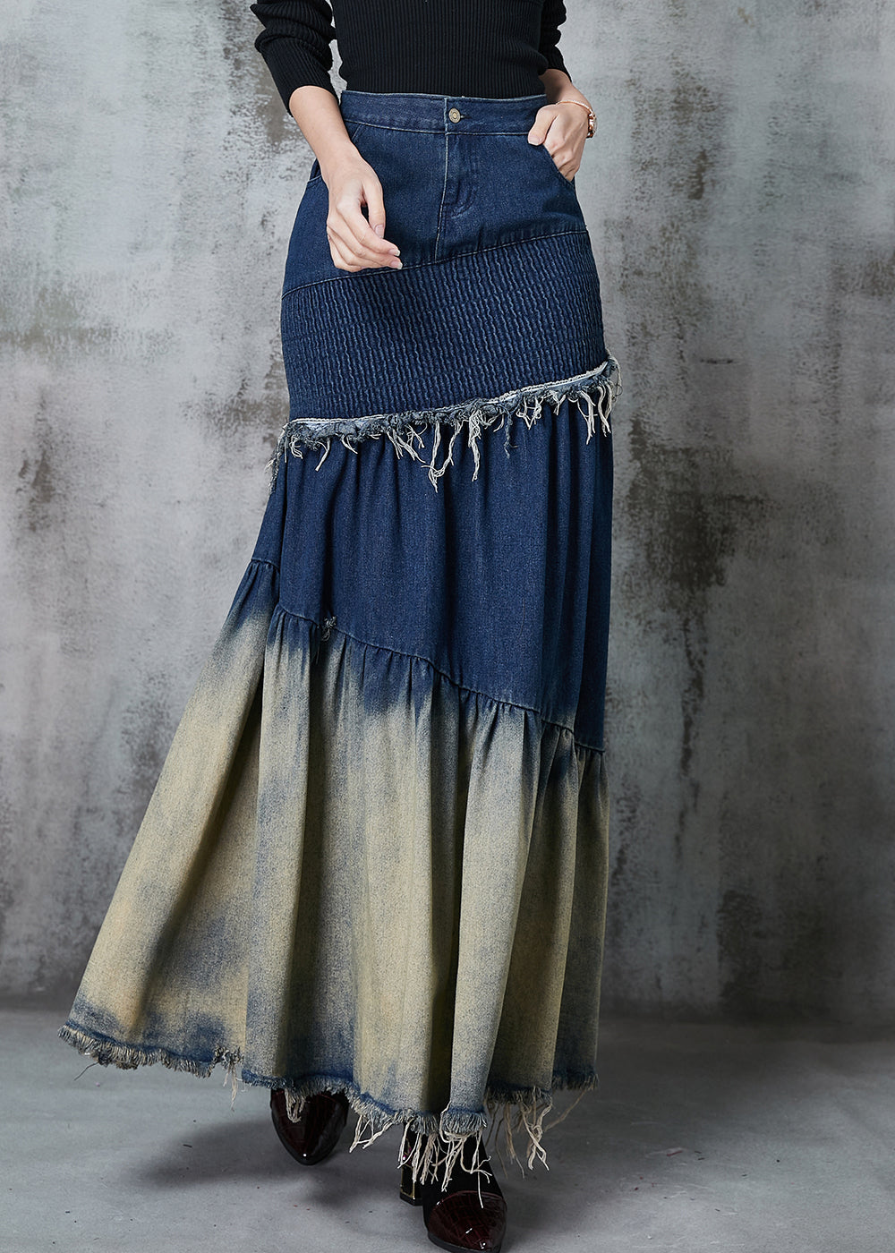 French Navy Silm Fit Patchwork Gradient Color Denim Skirt Spring