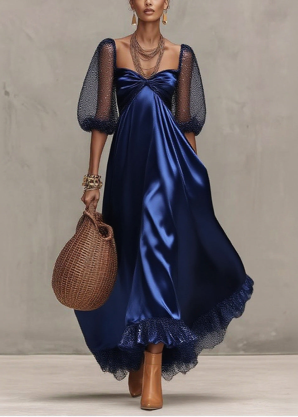 French Navy Square Collar Tulle Patchwork Draping Party Dresses Lantern Sleeve