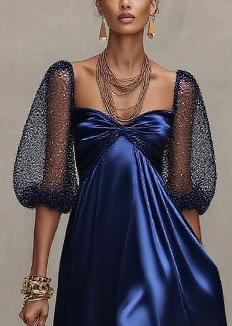 French Navy Square Collar Tulle Patchwork Draping Party Dresses Lantern Sleeve