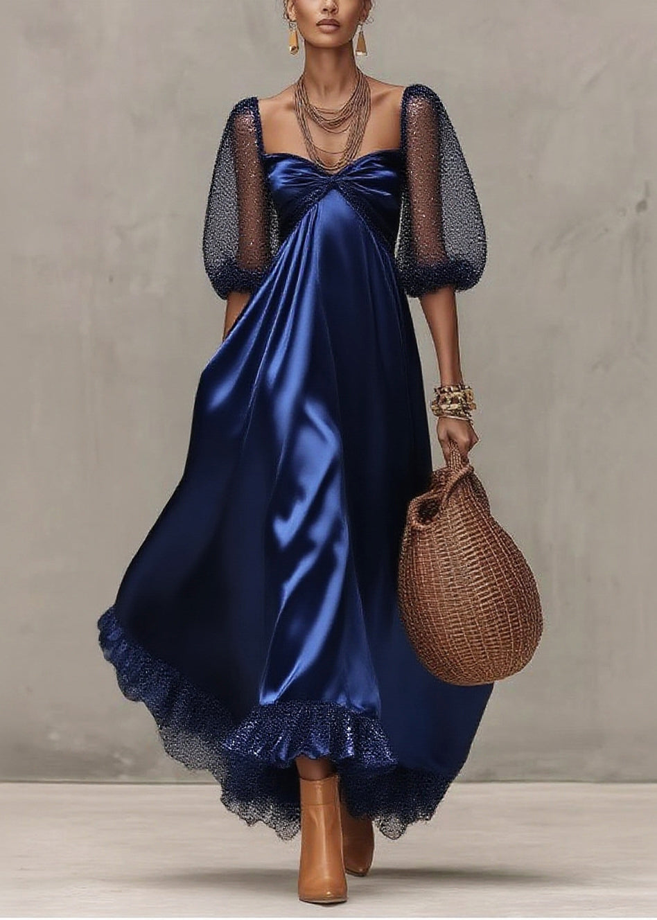 French Navy Square Collar Tulle Patchwork Draping Party Dresses Lantern Sleeve