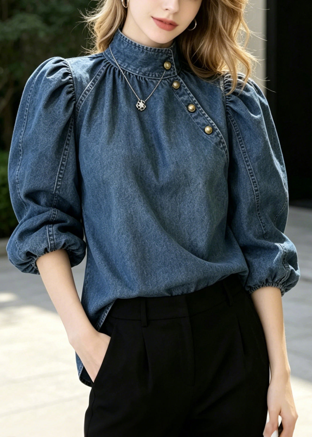 French Navy Stand Collar Golden Button Denim Shirts Puff Sleeve