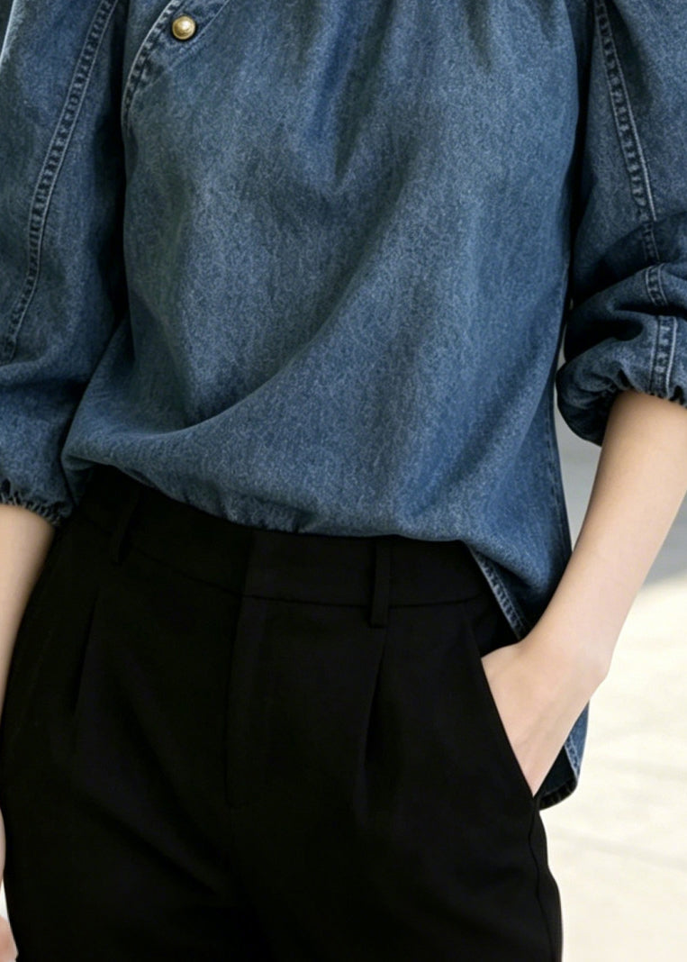 French Navy Stand Collar Golden Button Denim Shirts Puff Sleeve