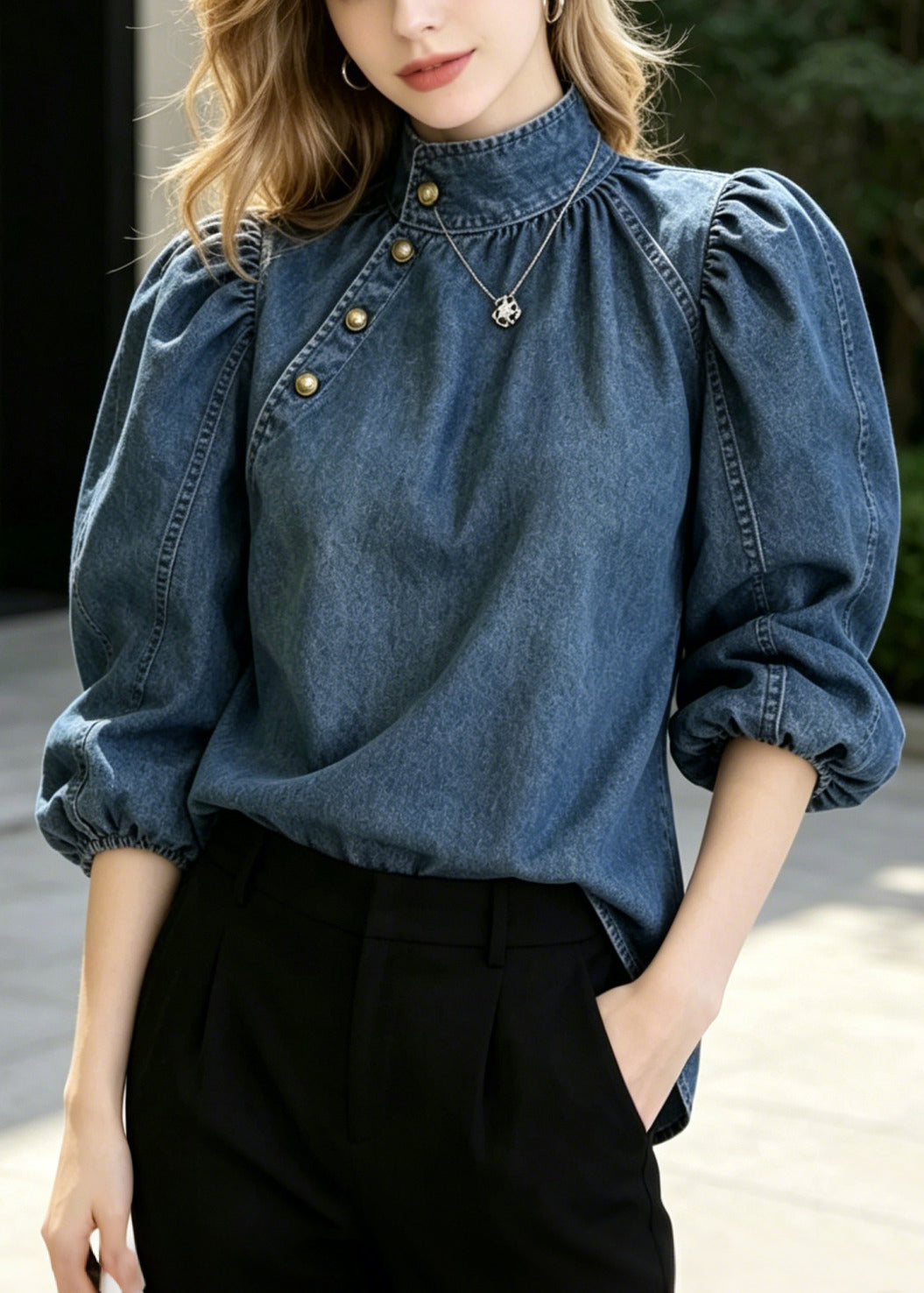 French Navy Stand Collar Golden Button Denim Shirts Puff Sleeve