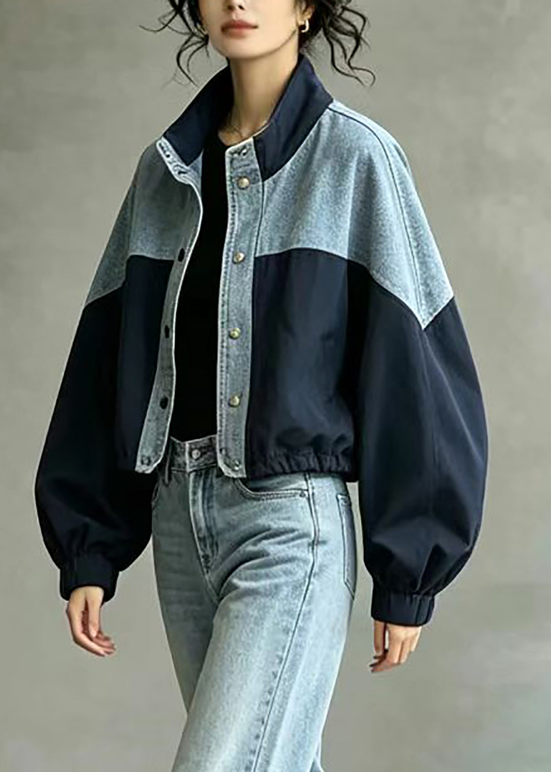 French Navy Stand Collar Oversized Patchwork Denim Jacket Fall