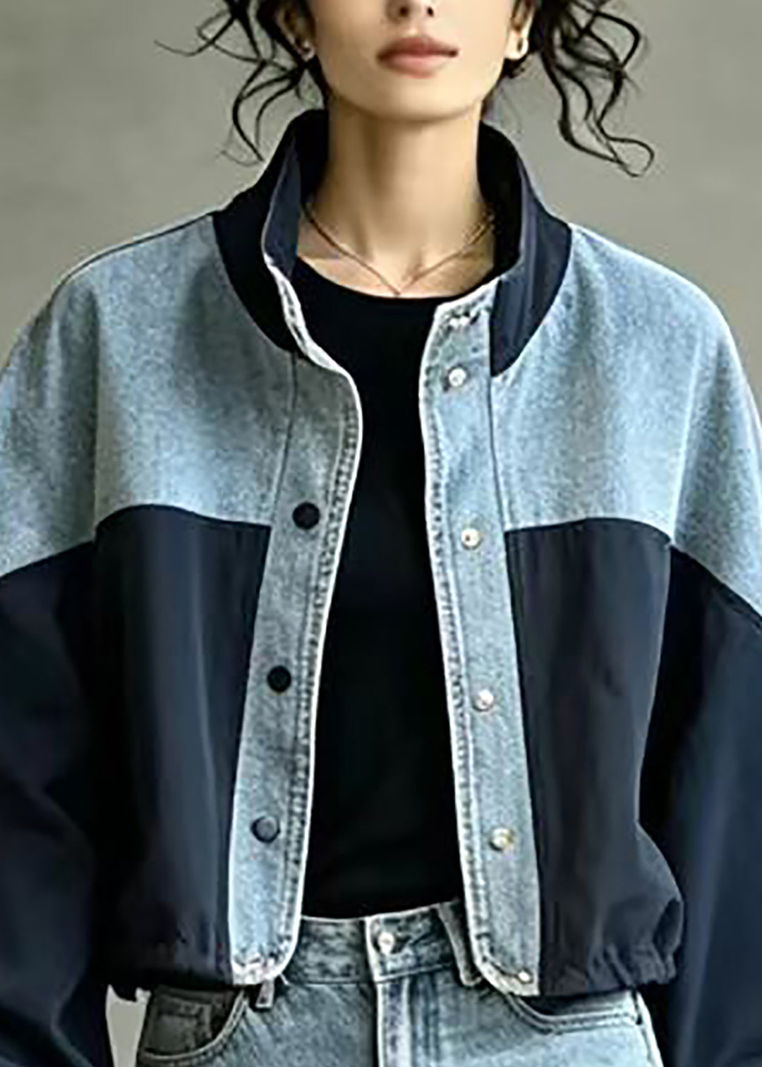 French Navy Stand Collar Oversized Patchwork Denim Jacket Fall