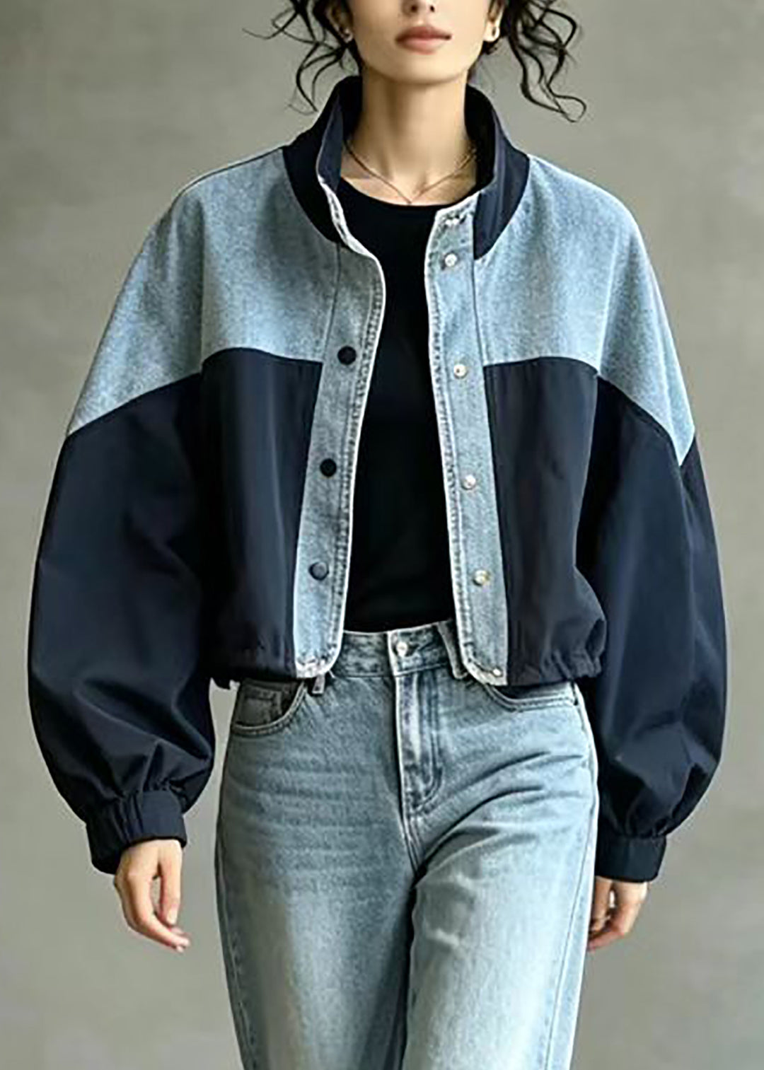 French Navy Stand Collar Oversized Patchwork Denim Jacket Fall