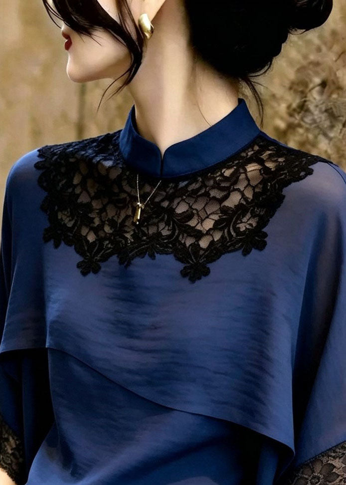 French Navy Stand Collar Patchwork Lace Blouse Tops Summer