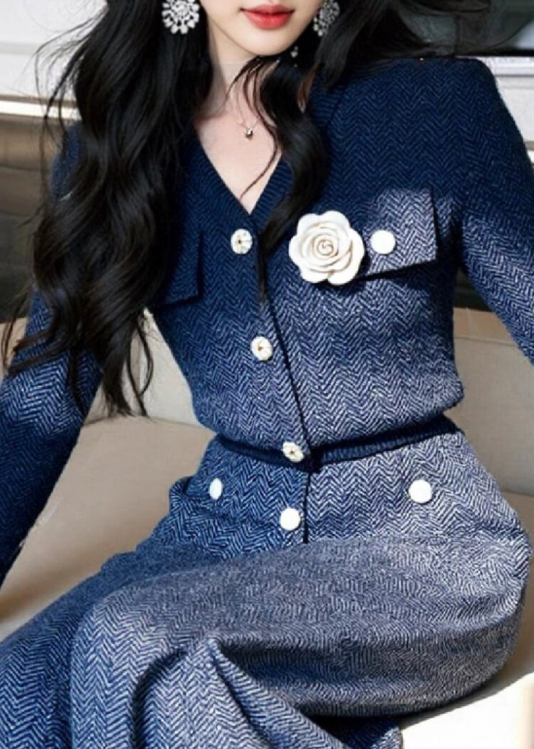 French Navy Striped Floral Decorated Knit Women Sets 2 Pieces Spring