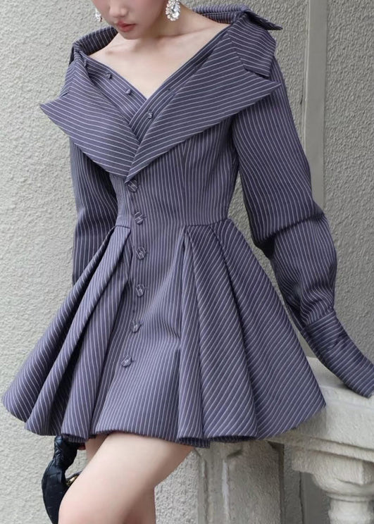 French Navy Striped Patchwork Cotton Original Design Dresses Fall