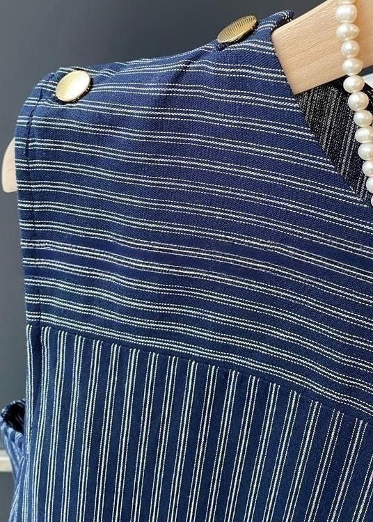 French Navy Striped Wrinkled Cotton Mid Dress Sleeveless