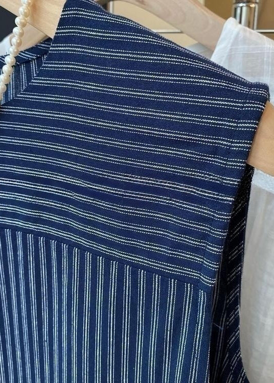 French Navy Striped Wrinkled Cotton Mid Dress Sleeveless