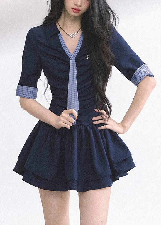 French Navy V Neck Cotton Mini Dress Half Sleeve
