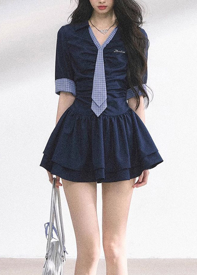 French Navy V Neck Cotton Mini Dress Half Sleeve