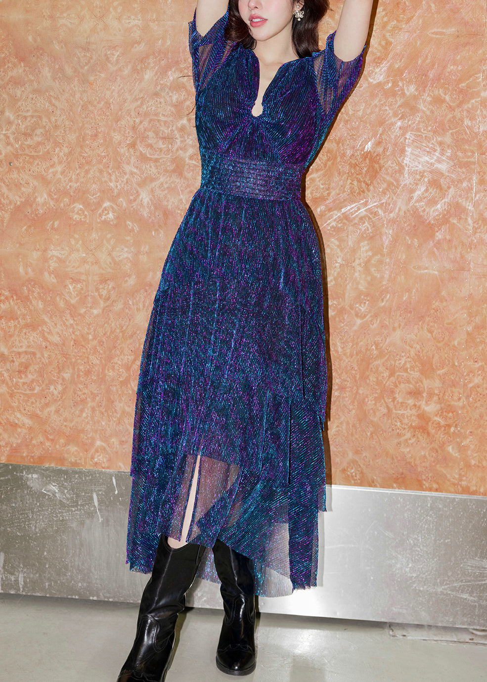 French Navy V Neck High Waist Silk Long Dress Summer
