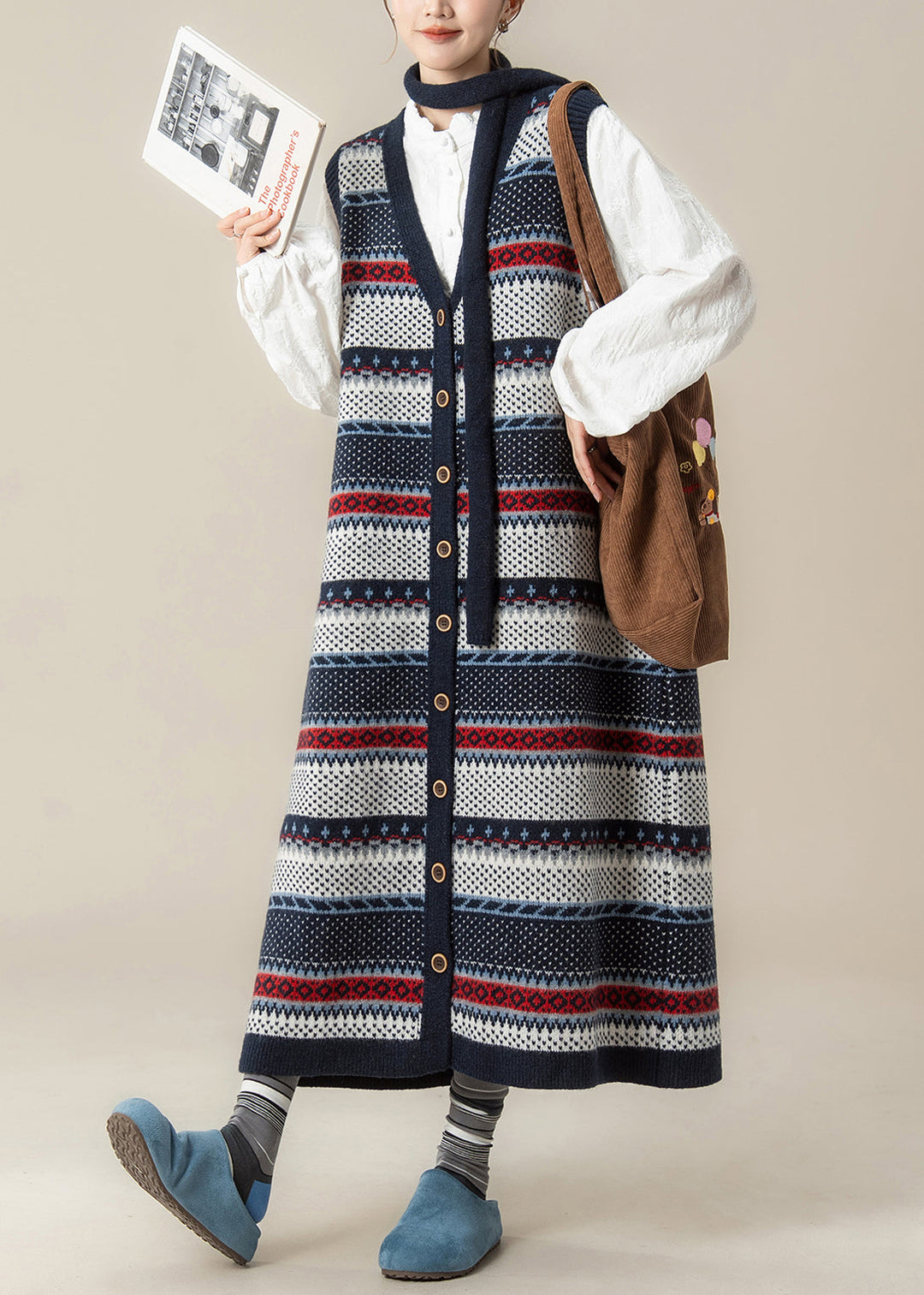 French Navy V Neck Jacquard Knit Vest Dress And Shirts 2 Piece Outfit Winter