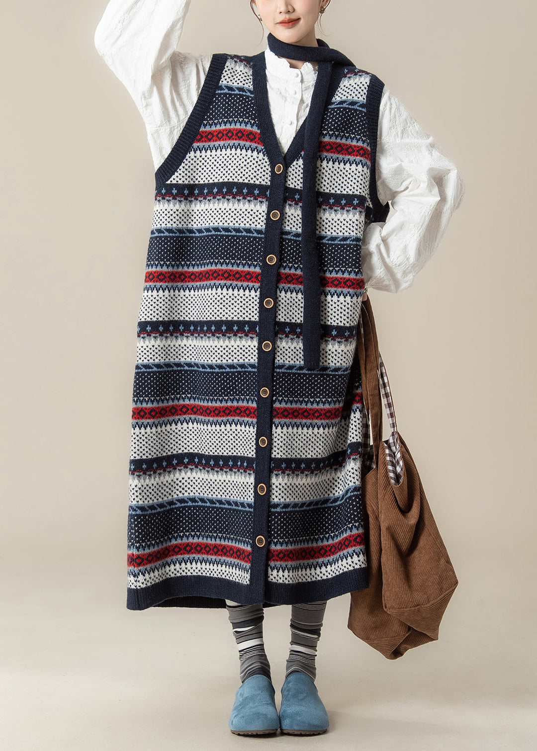 French Navy V Neck Jacquard Knit Vest Dress And Shirts 2 Piece Outfit Winter