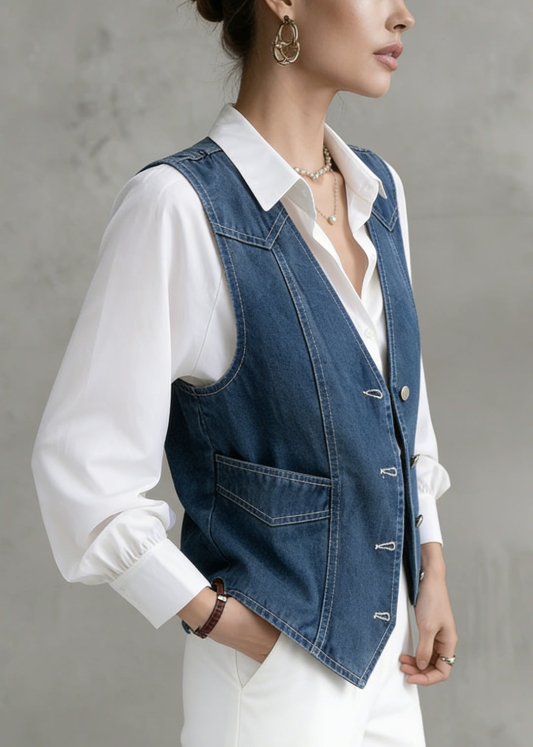 French Navy V Neck Patchwork Denim Vest Sleeveless