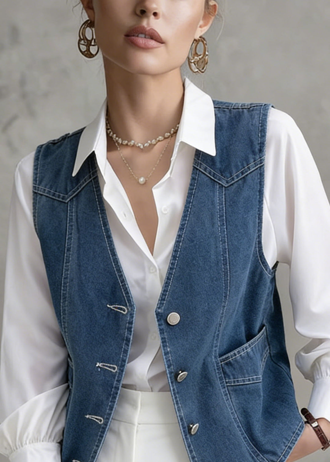 French Navy V Neck Patchwork Denim Vest Sleeveless