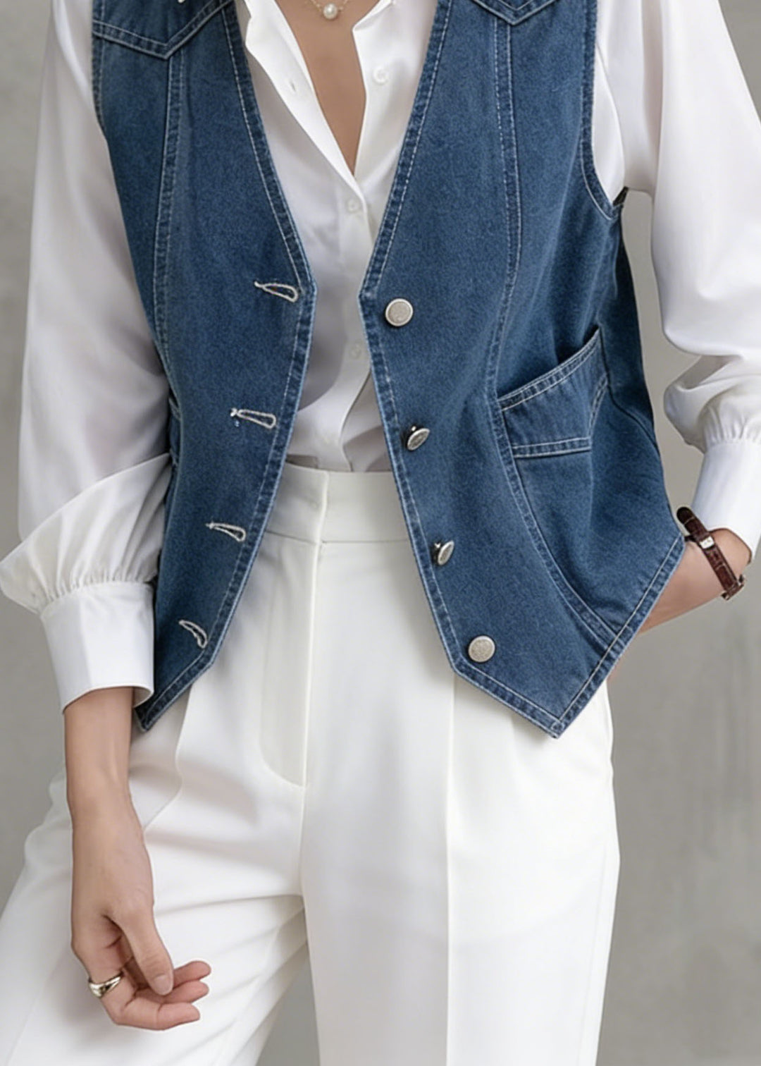 French Navy V Neck Patchwork Denim Vest Sleeveless