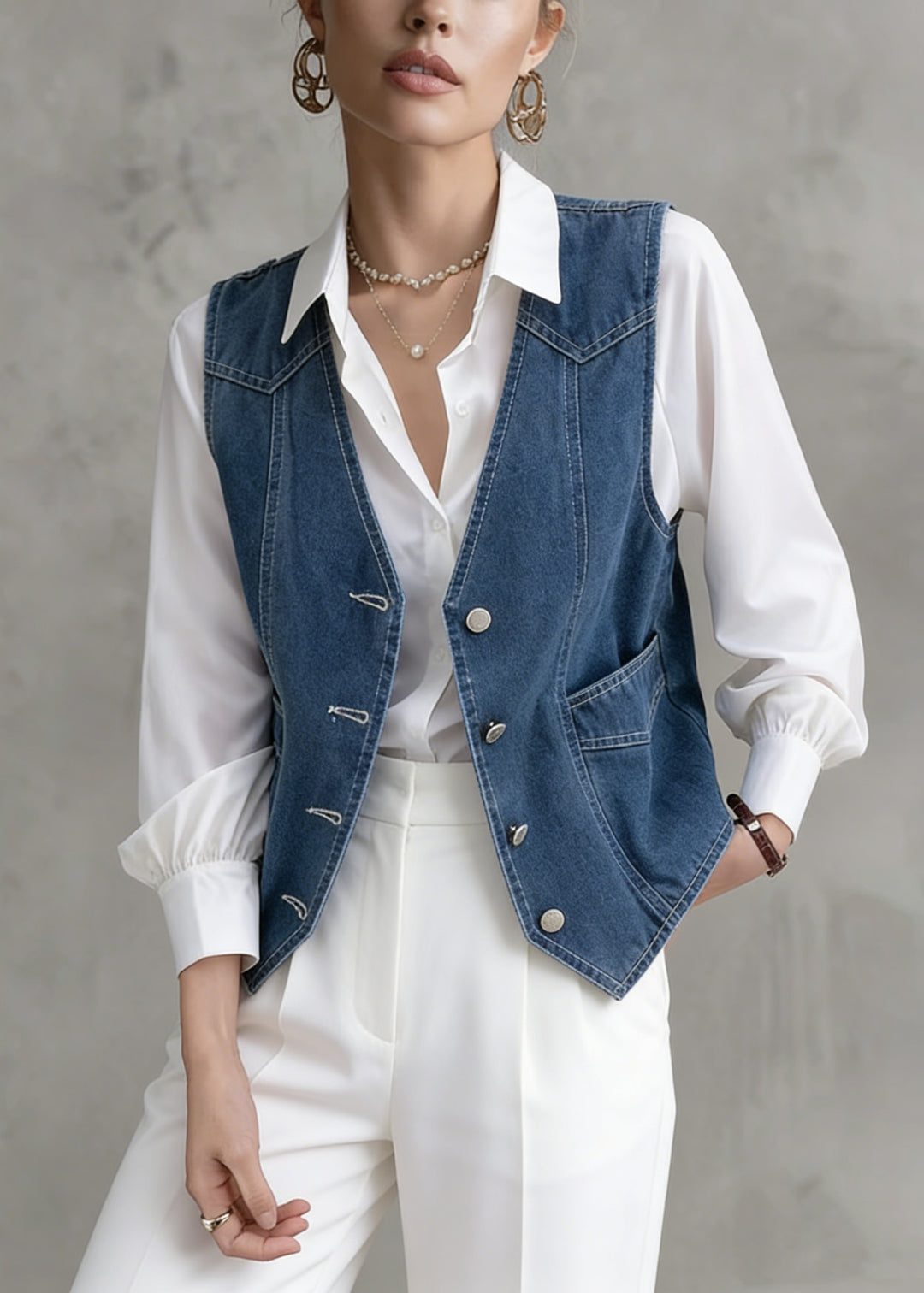 French Navy V Neck Patchwork Denim Vest Sleeveless
