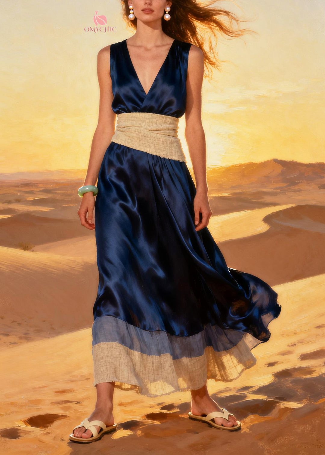 French Navy V Neck Patchwork Silk Vacation Dresses Summer