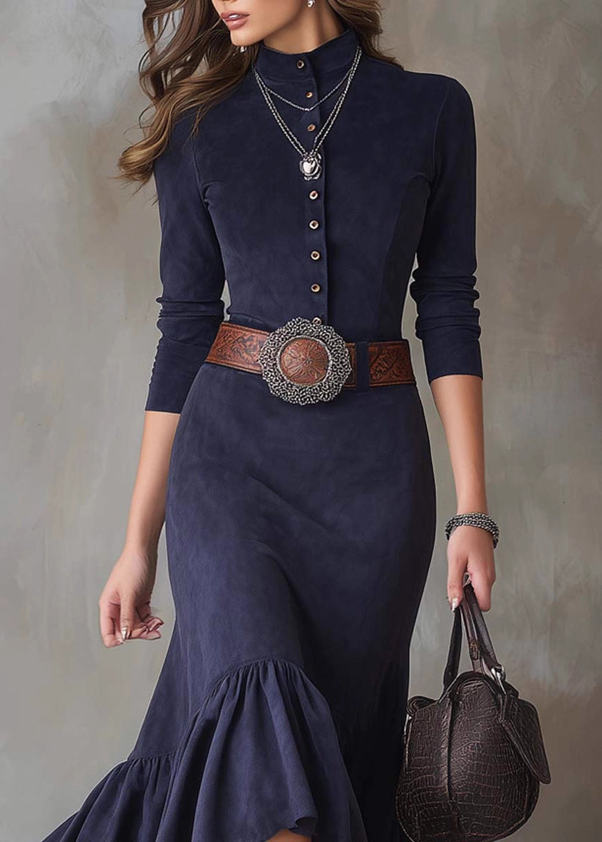 French Navy Wrinkled Button Solid Faux Suede Long Dress Spring