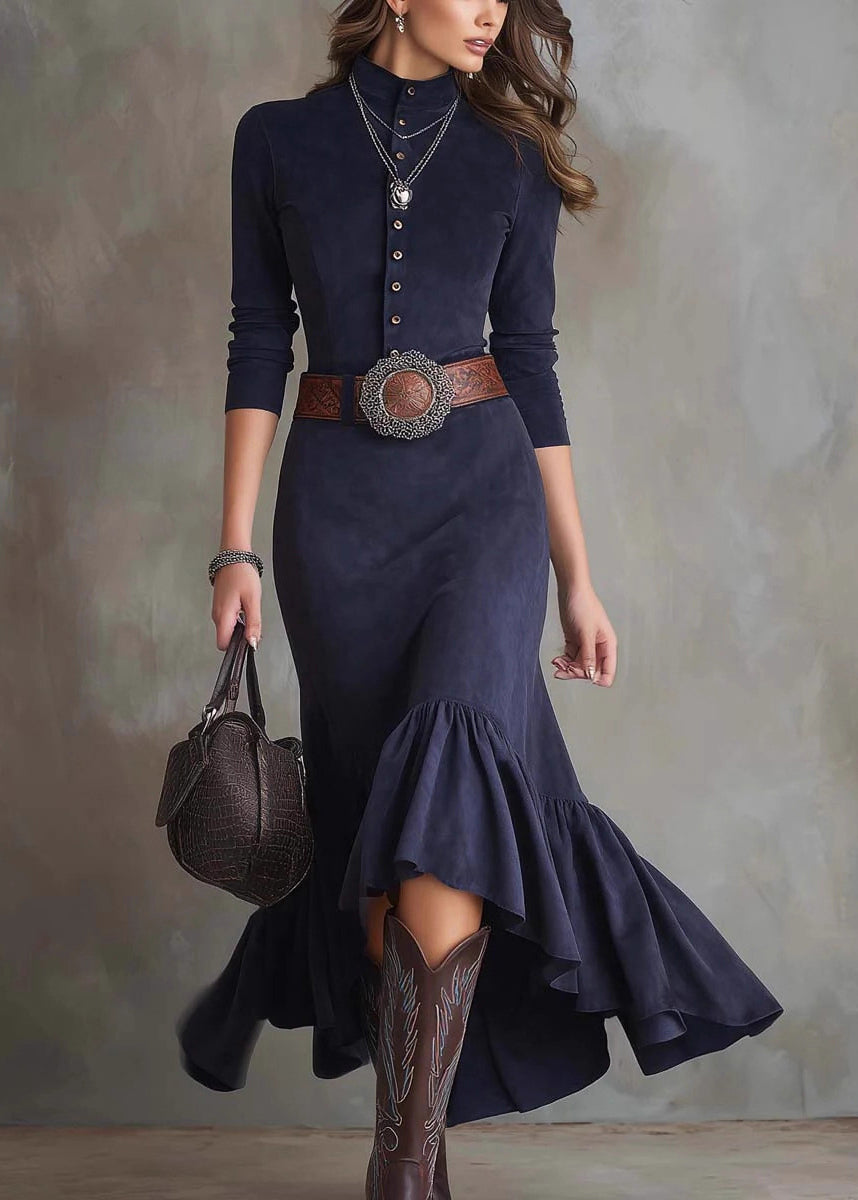 French Navy Wrinkled Button Solid Faux Suede Long Dress Spring
