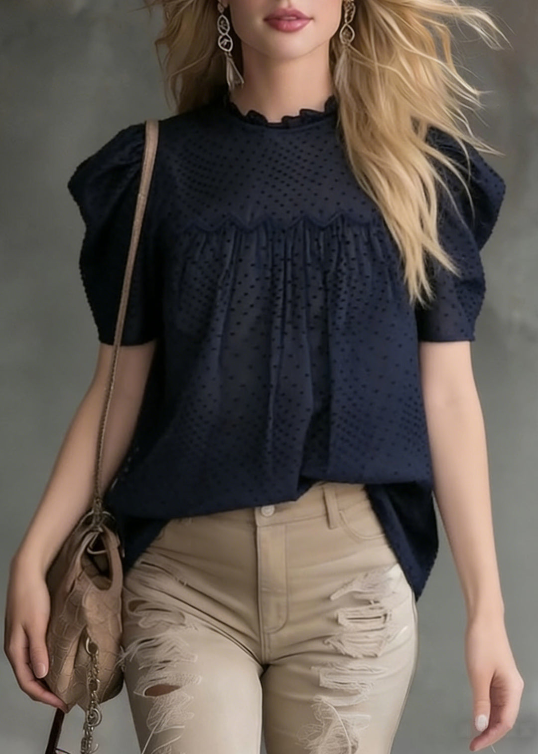 French Navy Wrinkled Solid Cotton Blouses Puff Sleeve