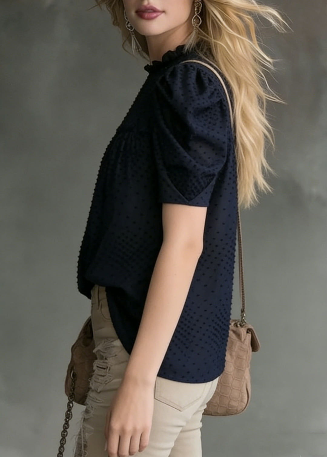 French Navy Wrinkled Solid Cotton Blouses Puff Sleeve