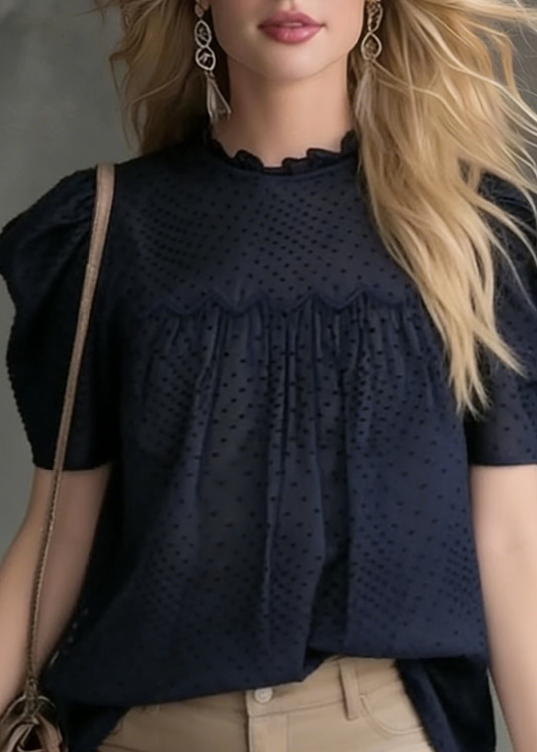 French Navy Wrinkled Solid Cotton Blouses Puff Sleeve