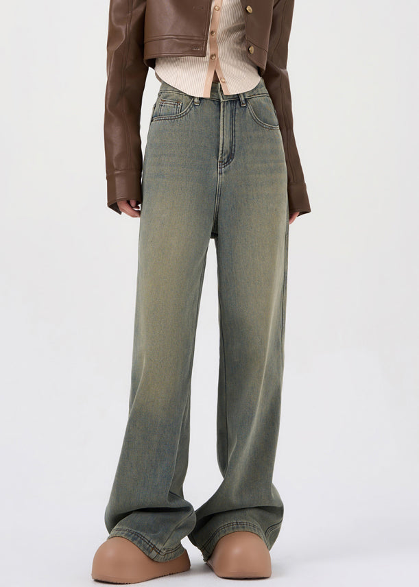 French Nostalgic Blue Pockets High Waist Warm Fleece Denim Pants Spring