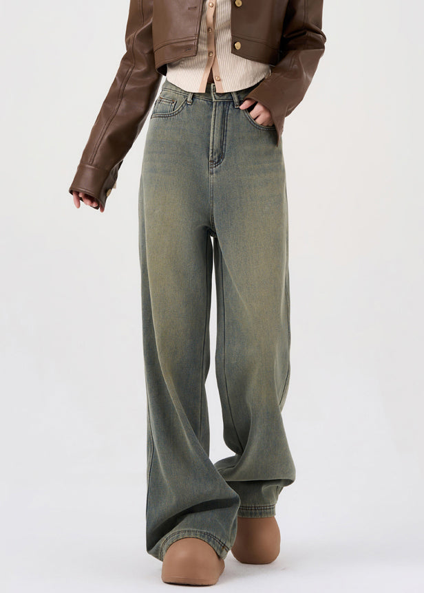 French Nostalgic Blue Pockets High Waist Warm Fleece Denim Pants Spring