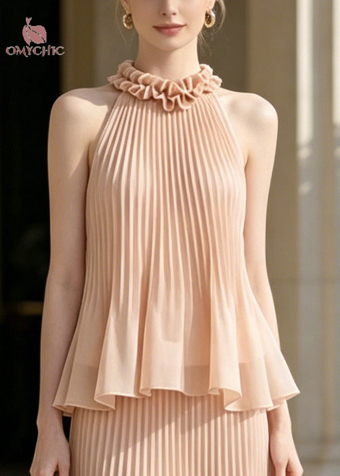 French Nude Ruffled Wrinkled Chiffon Two Pieces Set Sleeveless