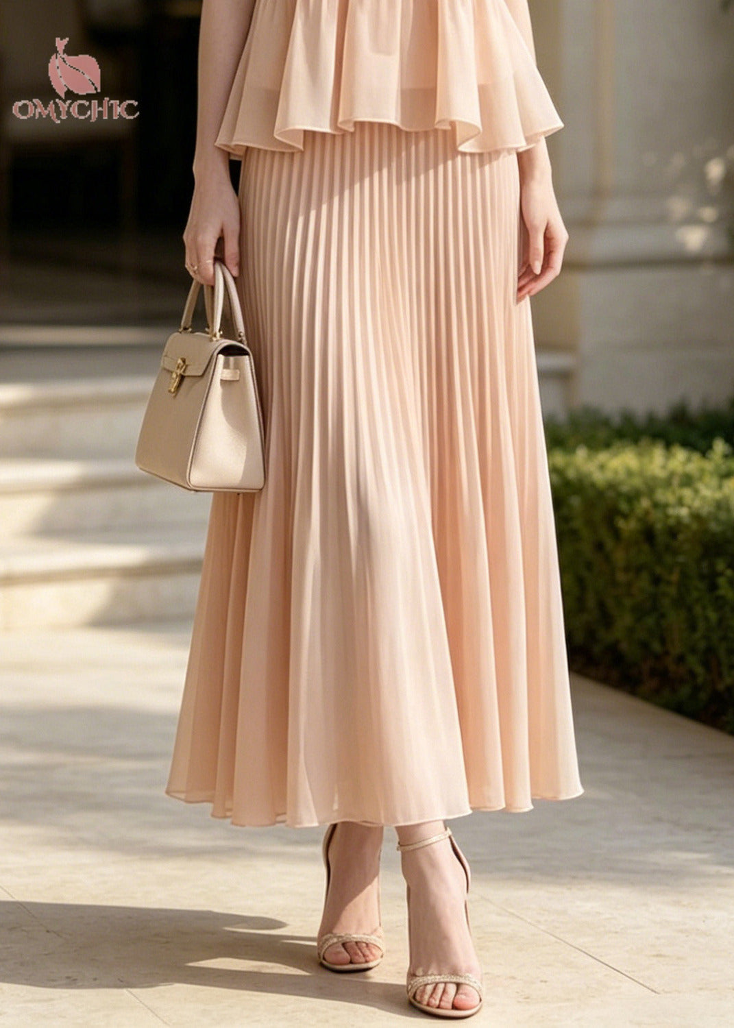 French Nude Ruffled Wrinkled Chiffon Two Pieces Set Sleeveless