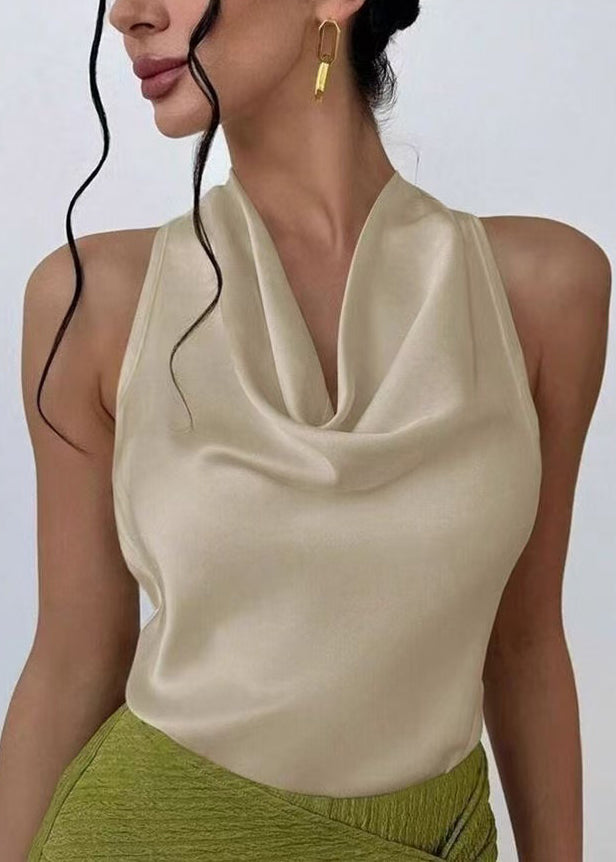 French Nude Turtle Neck Silk Tops Sleeveless